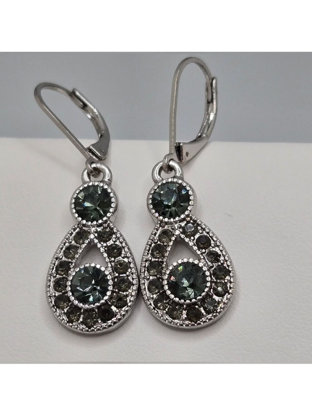 Monet Dark Green Crystal Teardrop Drop Earrings Silver Tone